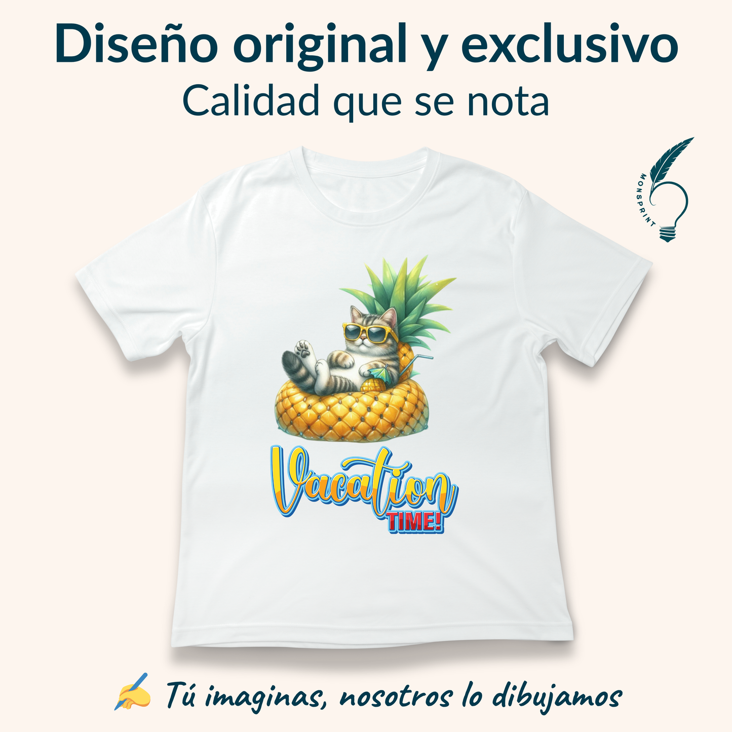 Playera blanca de mujer con diseño de gato veraniego en piña | Estilo divertido Vacation Time - Monsprint
