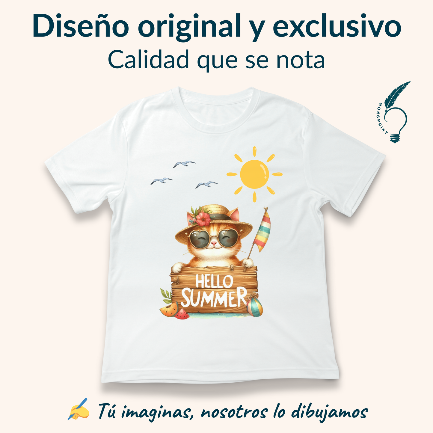 Playera blanca de verano con gato tropical – Diseño “Hello Summer” | Moda femenina personalizada