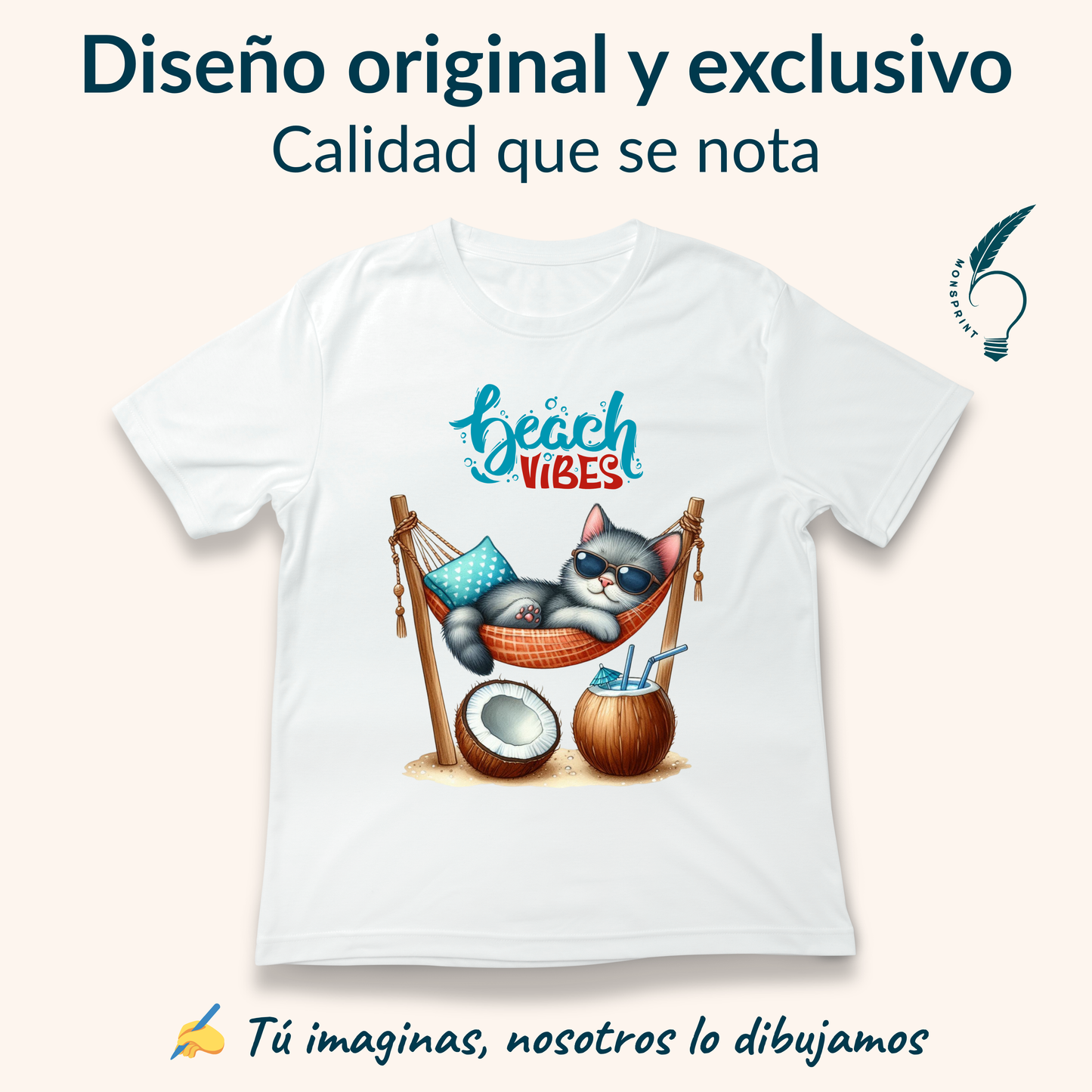 Playera personalizada Beach Vibes | Diseño exclusivo de gato | Impresión por sublimación Monsprint