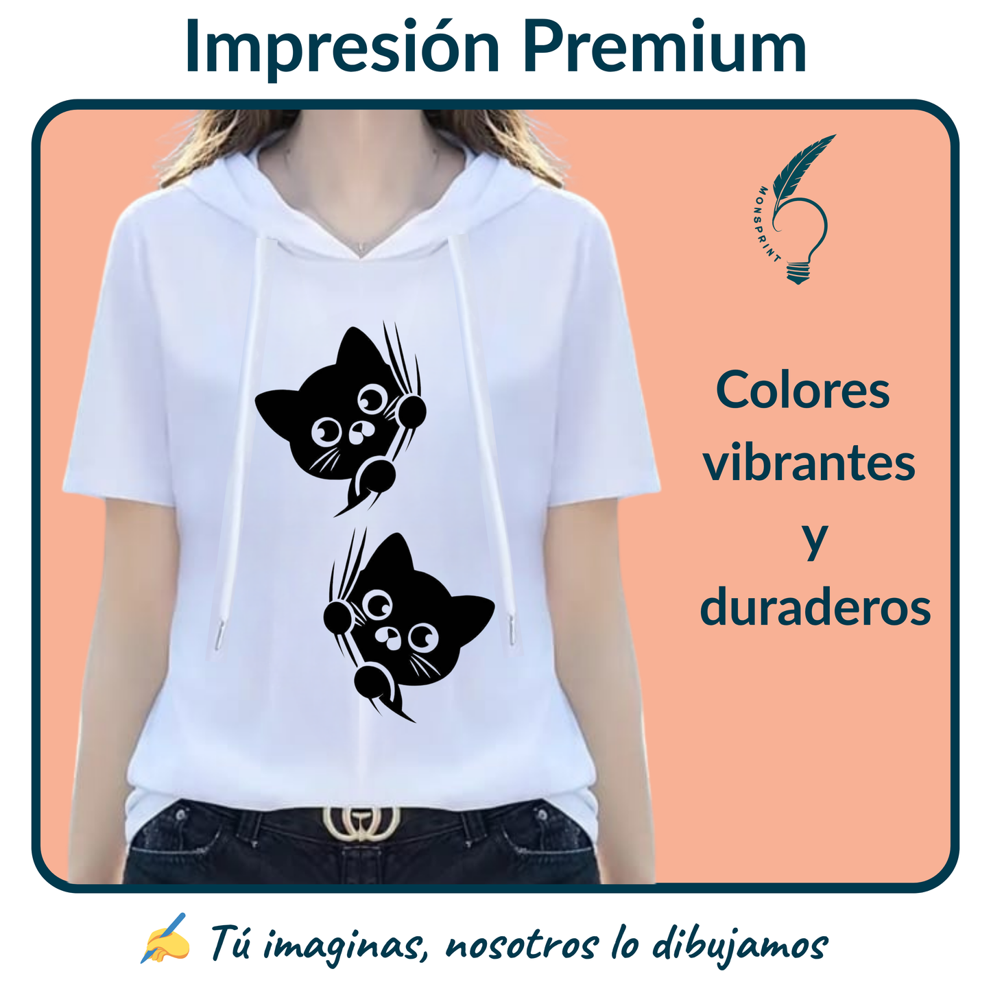 Blusa Blanca Mujer con Capucha Estampado Gatitos | Casual Deportiva Monsprint