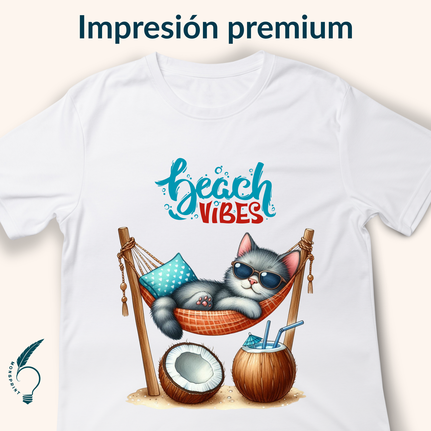Playera personalizada Beach Vibes | Diseño exclusivo de gato | Impresión por sublimación Monsprint