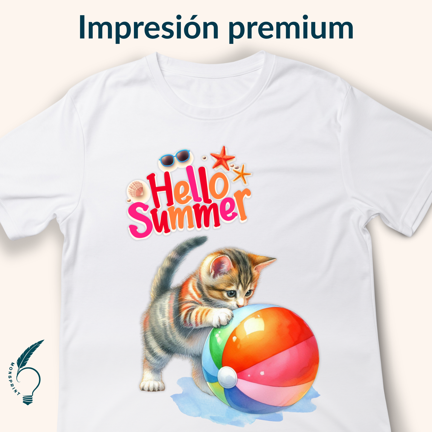 Playera Blanca de Mujer “Hello Summer” con Gatito y Pelota – Diseño Veraniego Personalizable