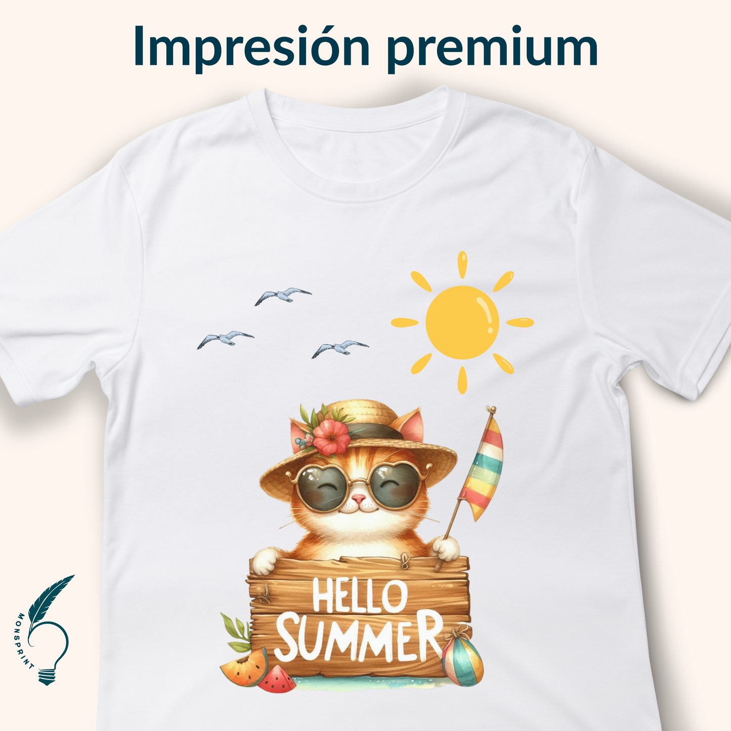 Playera blanca de verano con gato tropical – Diseño “Hello Summer” | Moda femenina personalizada