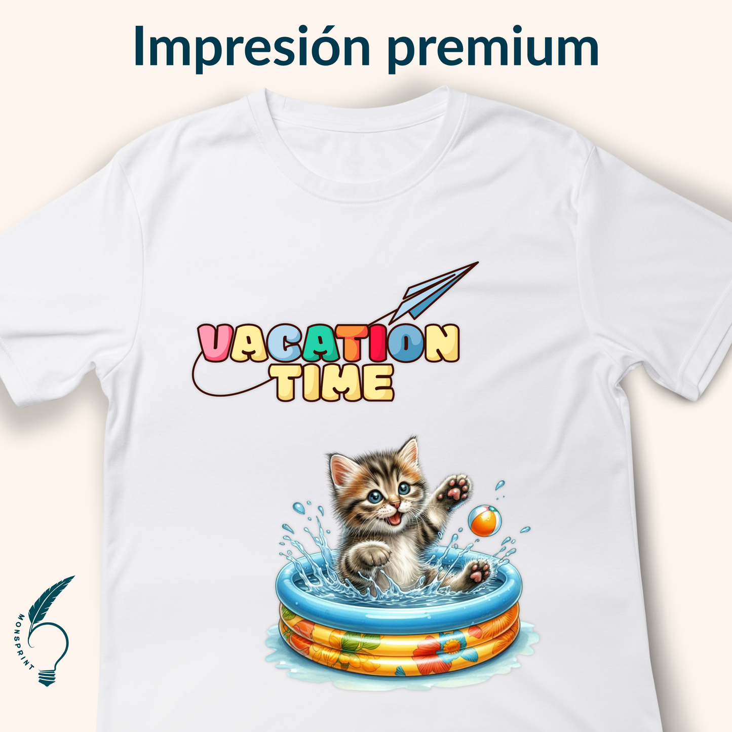 Playera mujer “Vacation Time” con gatito en alberca – diseño tierno y divertido | Monsprint personalizada