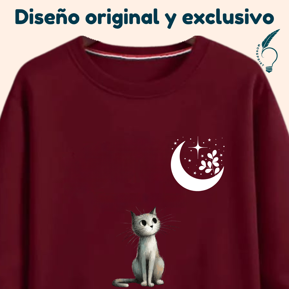 Sudadera Burdeos de Mujer con Gatito y Luna 🌙 | Personalizable y Estilo Monsprint