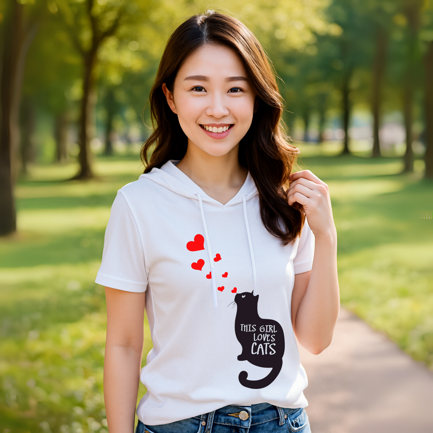 Blusa blanca con capucha para mujer | Diseño de gato con corazones “This Girl Loves Cats” | Estilo casual personalizado Monsprint