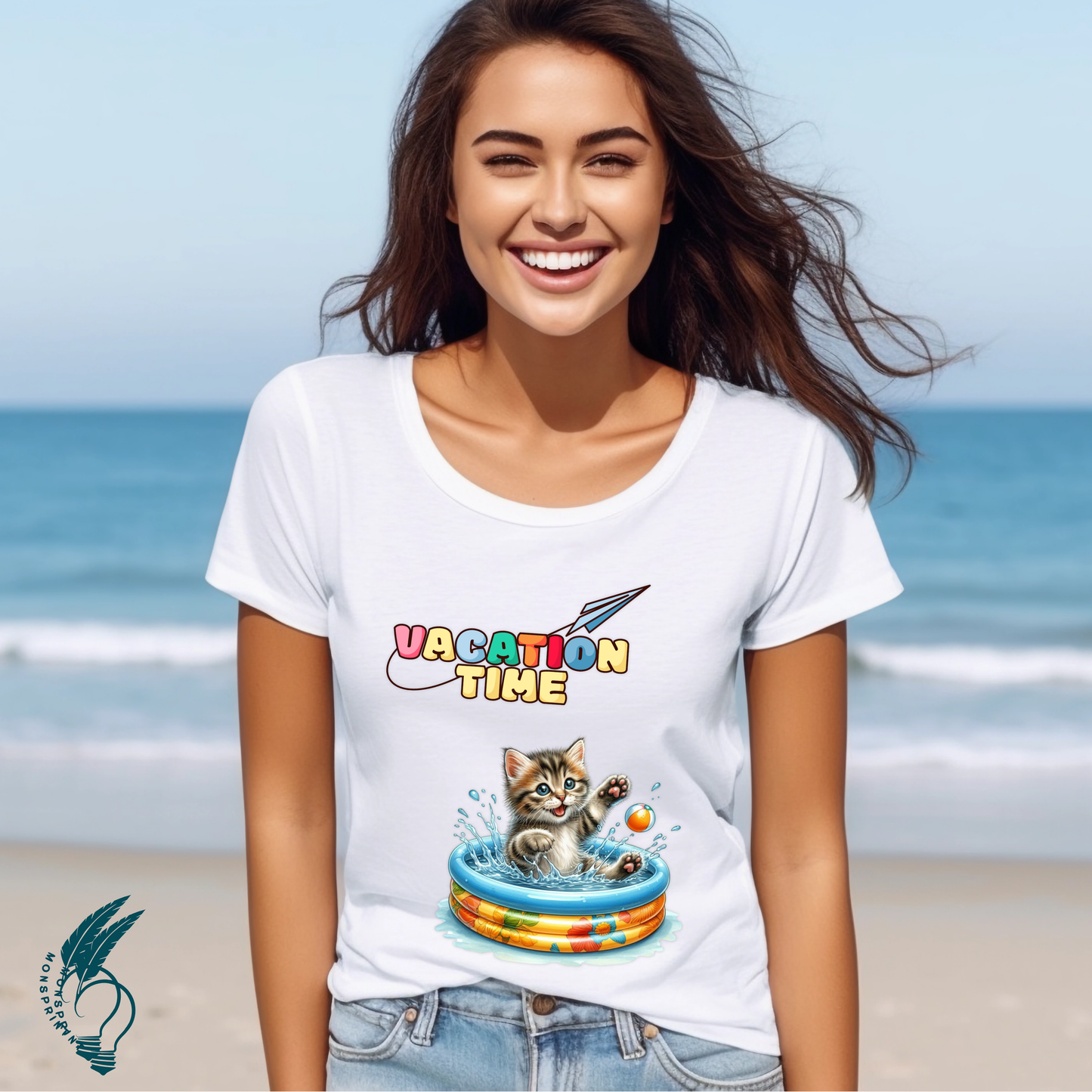 Playera mujer “Vacation Time” con gatito en alberca – diseño tierno y divertido | Monsprint personalizada