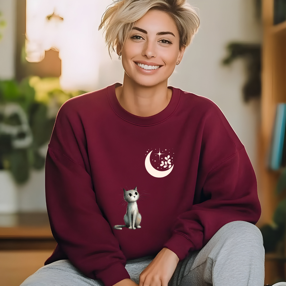 Sudadera Burdeos de Mujer con Gatito y Luna 🌙 | Personalizable y Estilo Monsprint