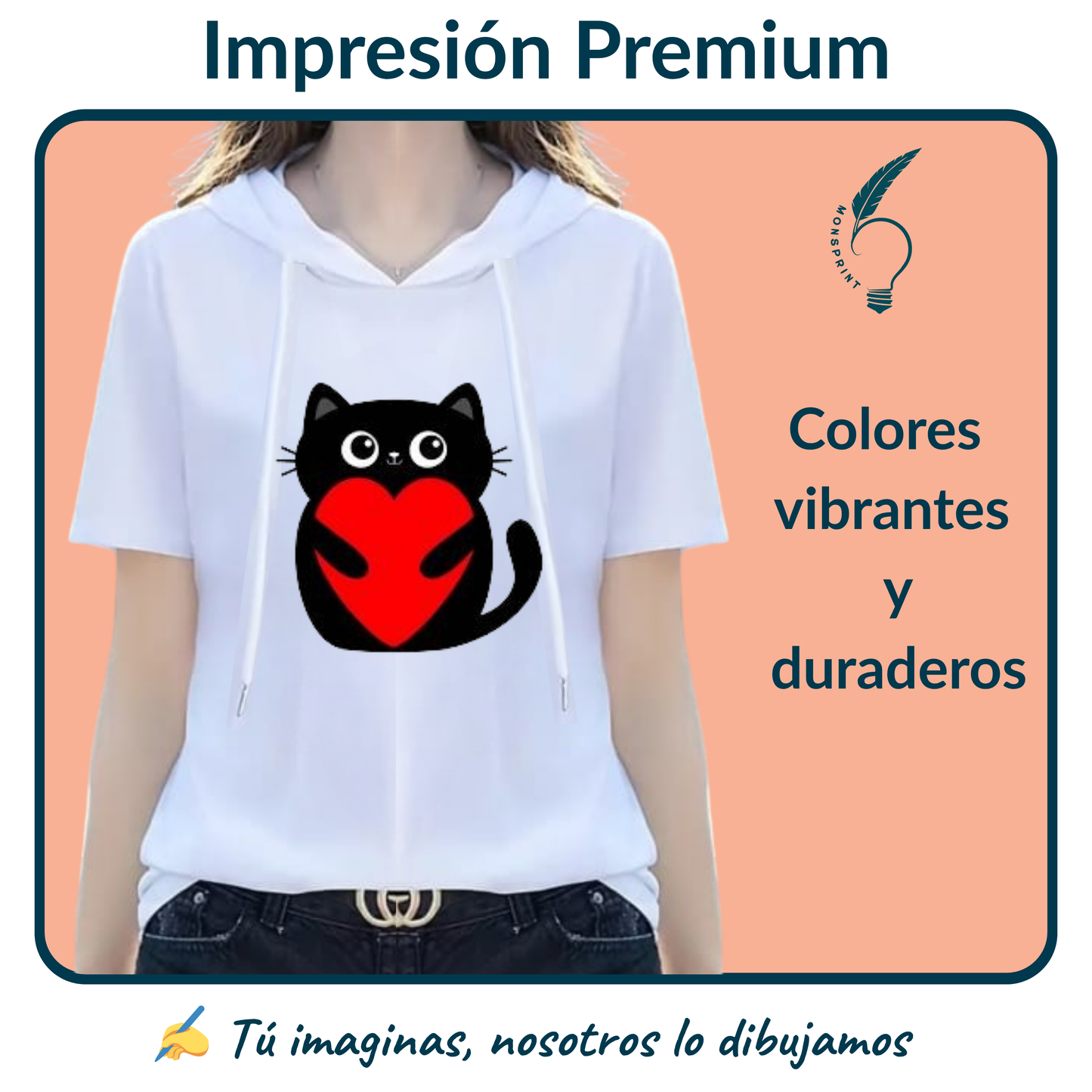 Blusa Blanca con Gato y Corazón para Mujer – Estampado Personalizable | Monsprint