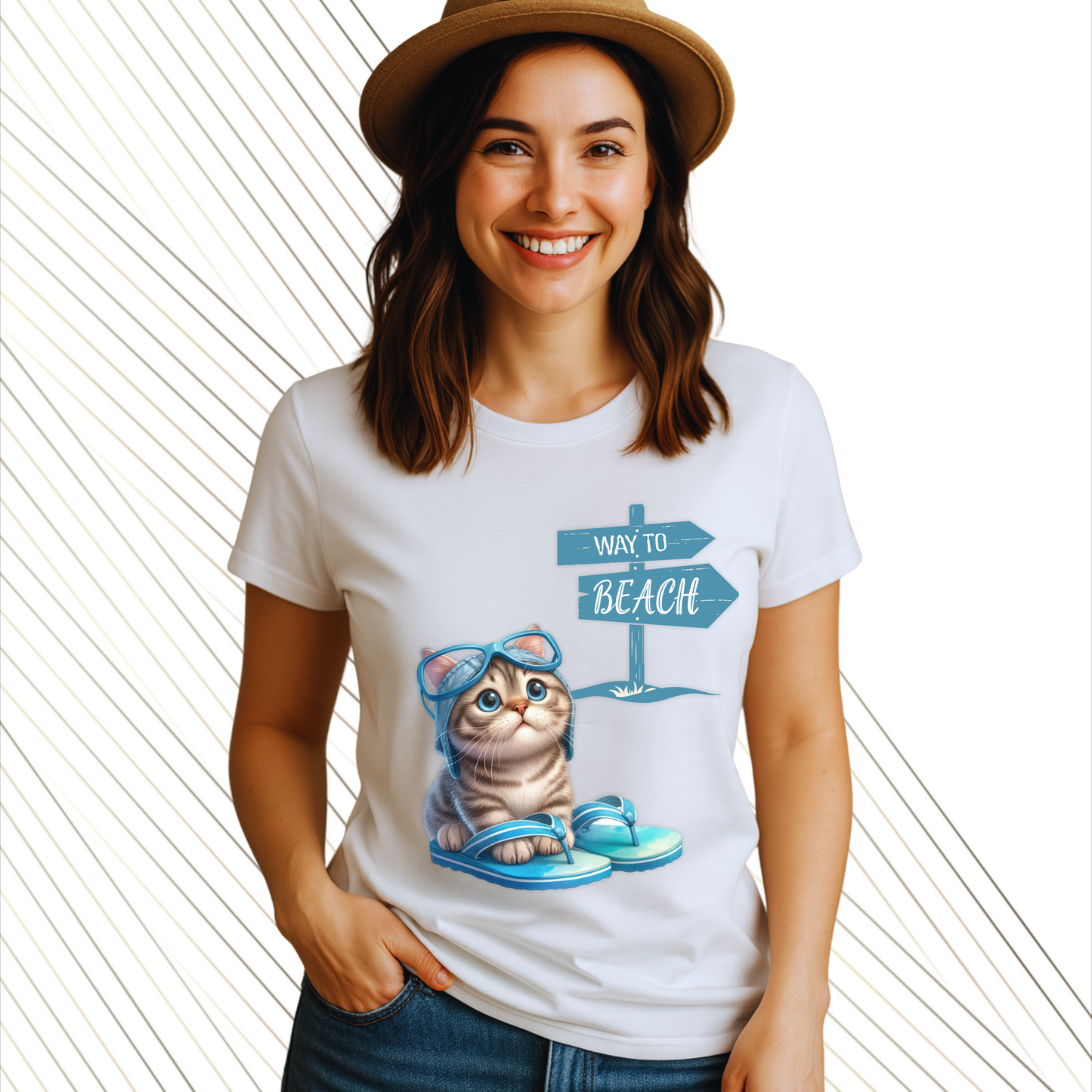 Playera personalizada con gatito “Way to Beach” | Diseño adorable, tela suave y personalizable