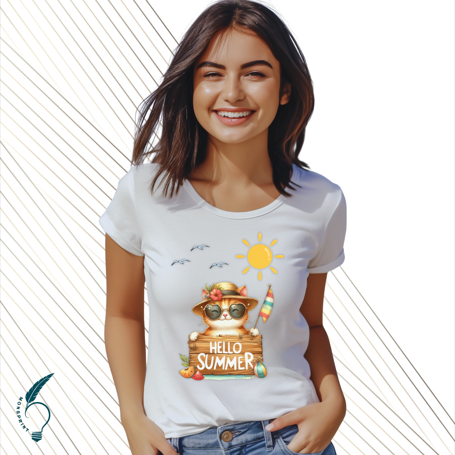 Playera blanca de verano con gato tropical – Diseño “Hello Summer” | Moda femenina personalizada