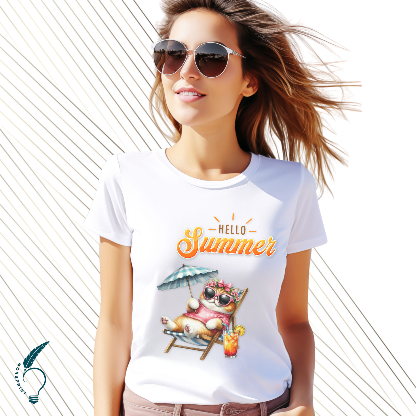 Playera de verano mujer “Hello Summer” | Diseño de gato en reposera | Impresión ecológica personalizada Monsprint