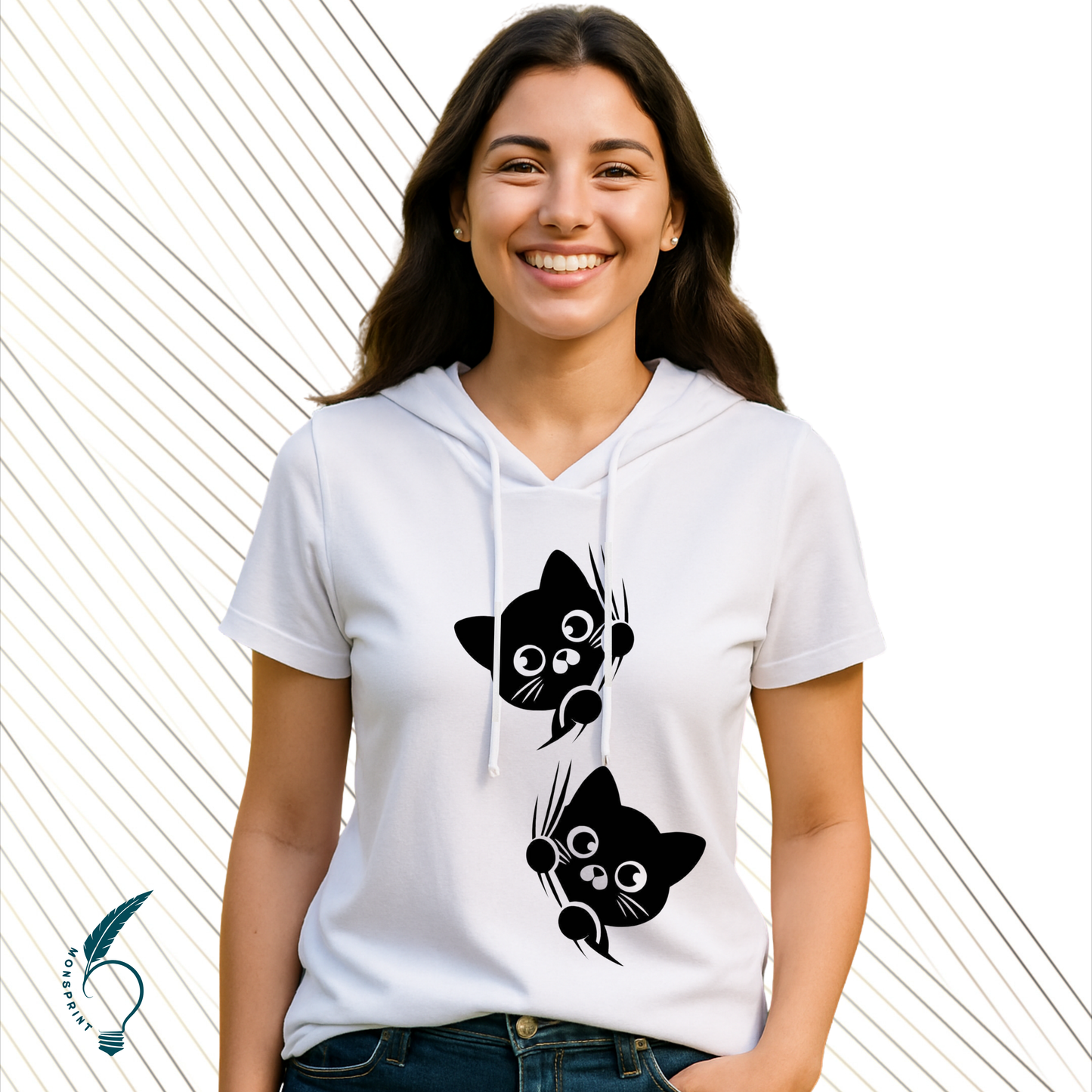 Blusa Blanca Mujer con Capucha Estampado Gatitos | Casual Deportiva Monsprint