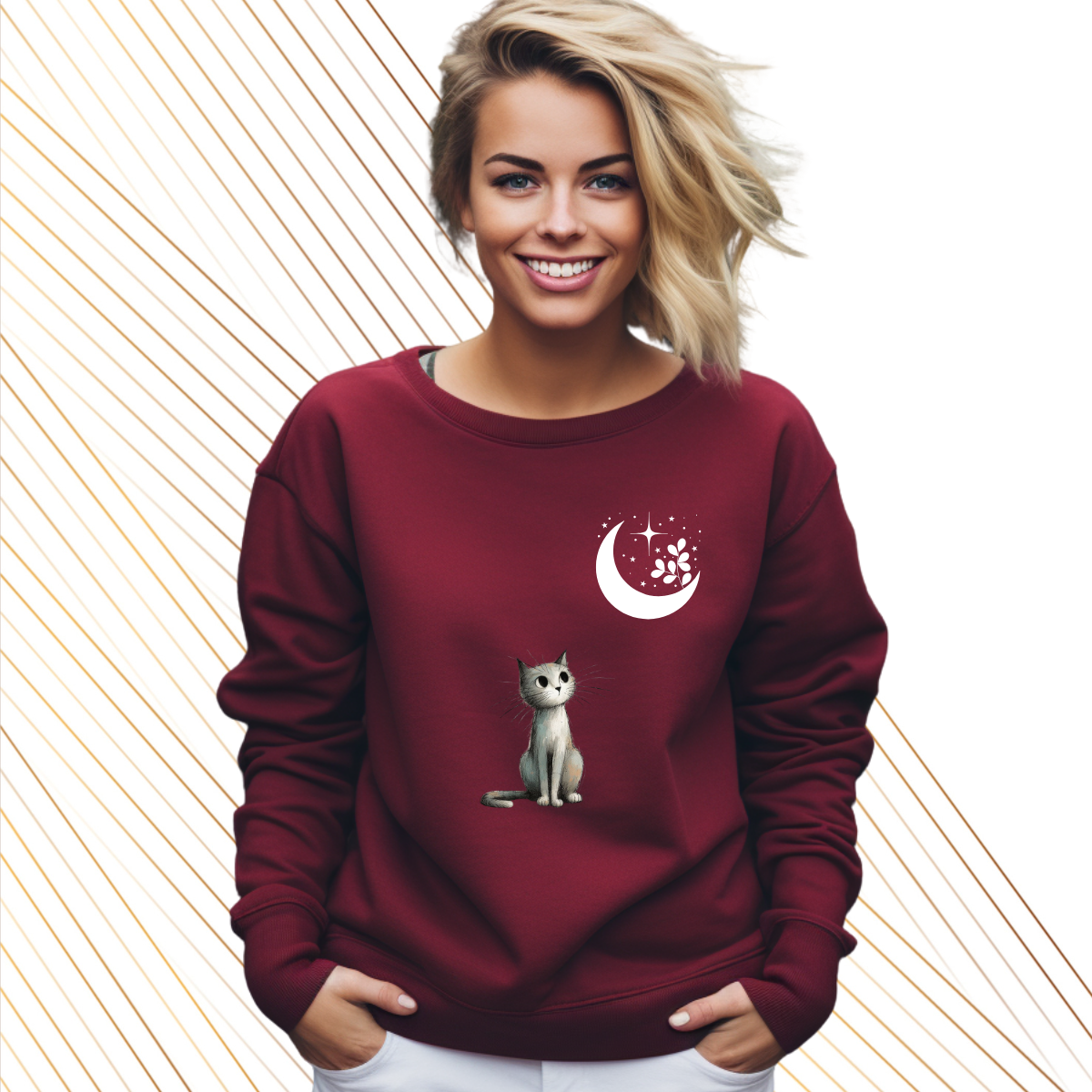 Sudadera Burdeos de Mujer con Gatito y Luna 🌙 | Personalizable y Estilo Monsprint
