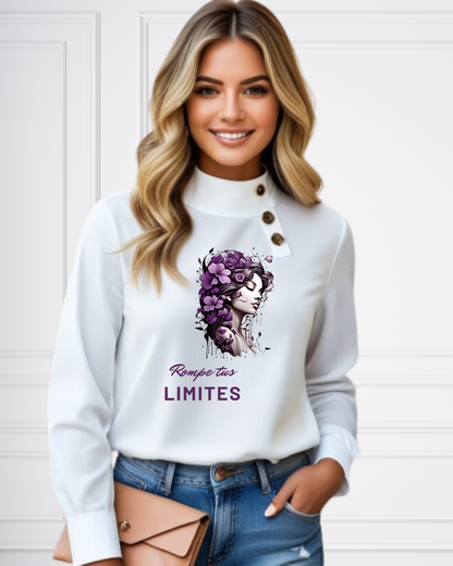 Blusa blanca con botones. Rompe tus límites. Personalizable