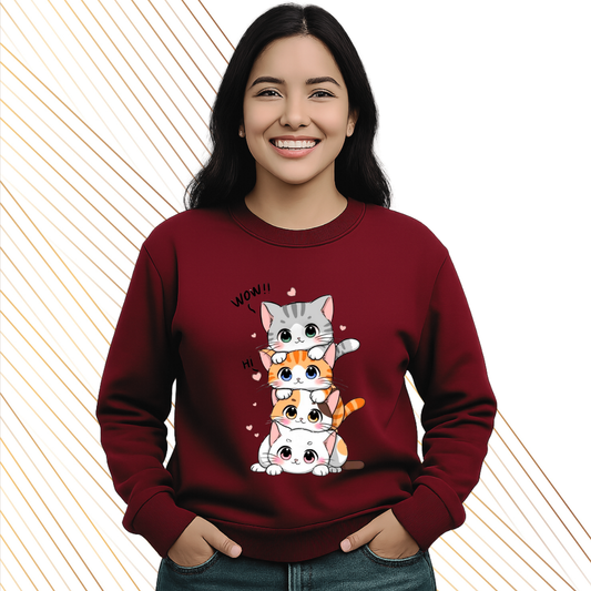 Sudadera burdeos mujer con estampado de gatitos kawaii | Monsprint personalizable