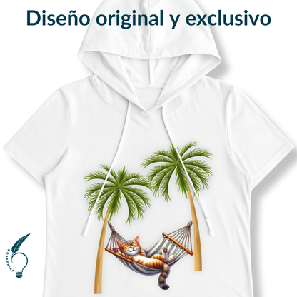 Blusa blanca con capucha para mujer | Gato en hamaca bajo palmeras – Diseño veraniego y tierno