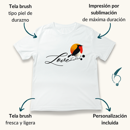 Playera Blanca de Mujer con Diseño Love y Ave al Atardecer – Estilo Romántico, Impresión Sublimada Premium