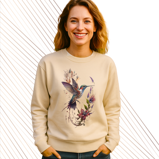 Sudadera beige para dama. Personalizada.  Colibrí de colores