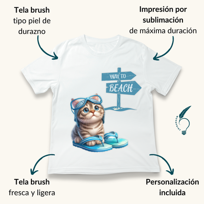 Playera personalizada con gatito “Way to Beach” | Diseño adorable, tela suave y personalizable