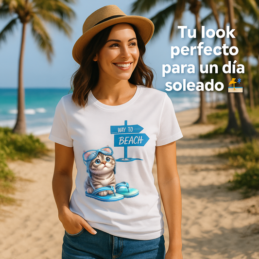 Playera personalizada con gatito “Way to Beach” | Diseño adorable, tela suave y personalizable
