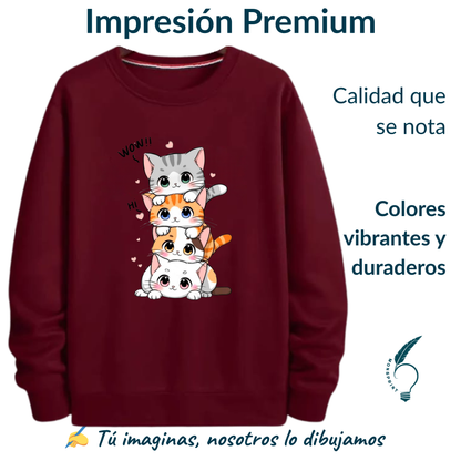 Sudadera burdeos mujer con estampado de gatitos kawaii | Monsprint personalizable