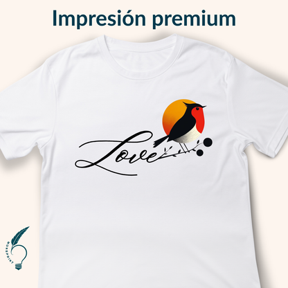 Playera Blanca de Mujer con Diseño Love y Ave al Atardecer – Estilo Romántico, Impresión Sublimada Premium