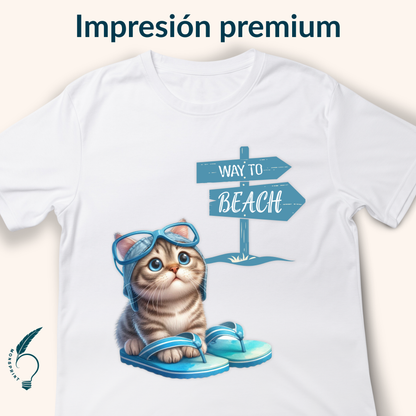 Playera personalizada con gatito “Way to Beach” | Diseño adorable, tela suave y personalizable
