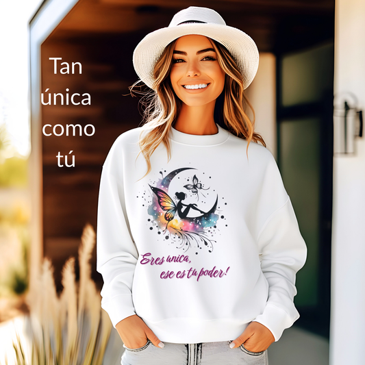 Sudadera blanca Personalizada. Eres Única, ese es tu Poder. Hada Colores
