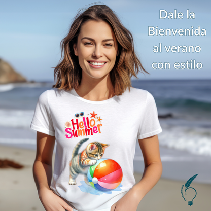 Playera Blanca de Mujer “Hello Summer” con Gatito y Pelota – Diseño Veraniego Personalizable