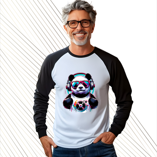 Playera tipo ranglan para hombre. Panda  musical