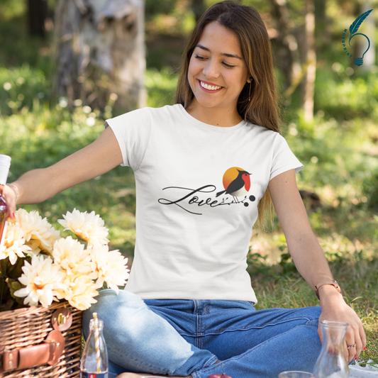 Playera Blanca de Mujer con Diseño Love y Ave al Atardecer – Estilo Romántico, Impresión Sublimada Premium