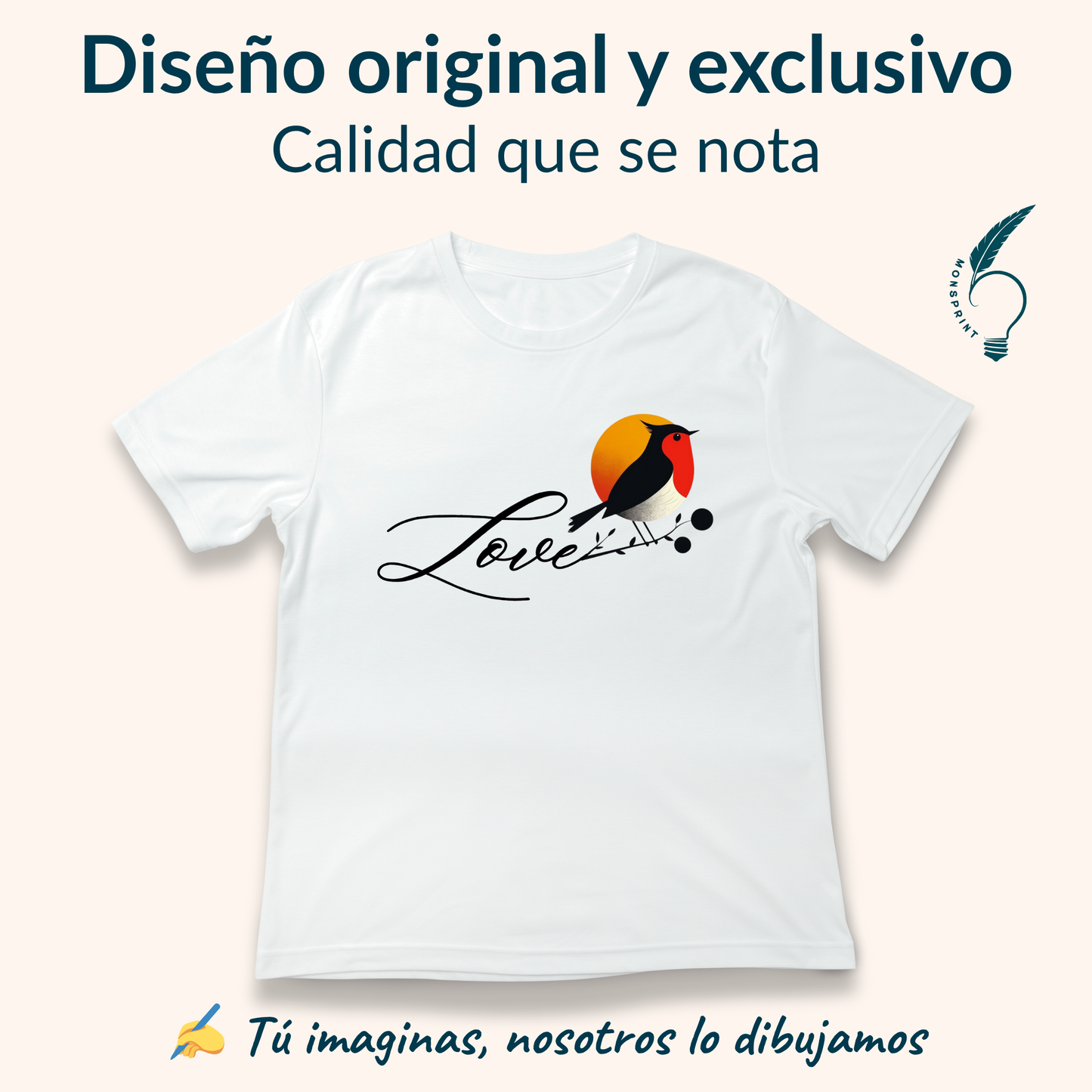 Playera Blanca de Mujer con Diseño Love y Ave al Atardecer – Estilo Romántico, Impresión Sublimada Premium