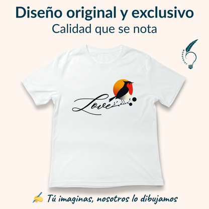Playera Blanca de Mujer con Diseño Love y Ave al Atardecer – Estilo Romántico, Impresión Sublimada Premium