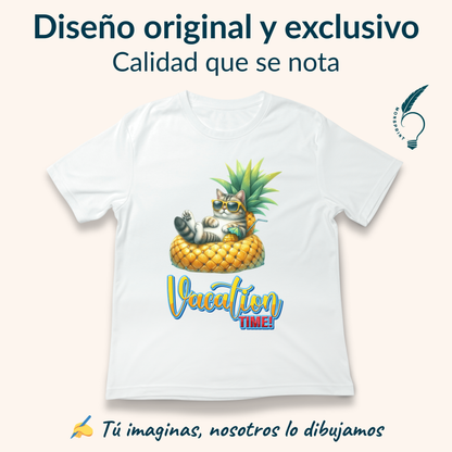 Playera blanca de mujer con diseño de gato veraniego en piña | Estilo divertido Vacation Time - Monsprint