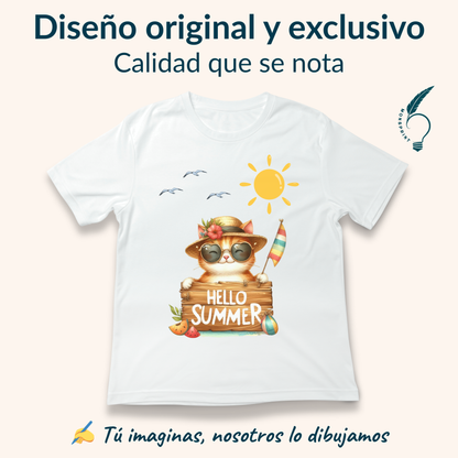 Playera blanca de verano con gato tropical – Diseño “Hello Summer” | Moda femenina personalizada