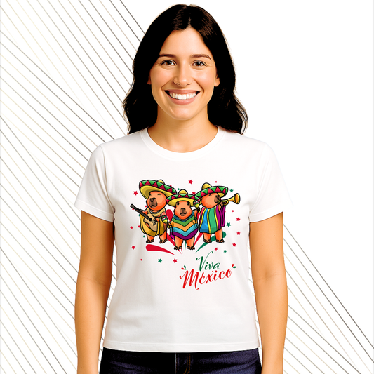 Playera Mujer Viva México con Capibara Mariachi | Personalizada | Diseño Divertido y Mexicano