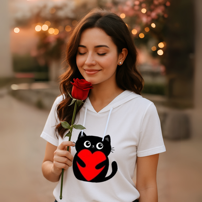 Blusa Blanca con Gato y Corazón para Mujer – Estampado Personalizable | Monsprint