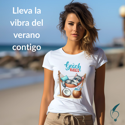 Playera personalizada Beach Vibes | Diseño exclusivo de gato | Impresión por sublimación Monsprint