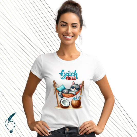 Playera personalizada Beach Vibes | Diseño exclusivo de gato | Impresión por sublimación Monsprint