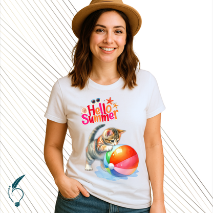 Playera Blanca de Mujer “Hello Summer” con Gatito y Pelota – Diseño Veraniego Personalizable