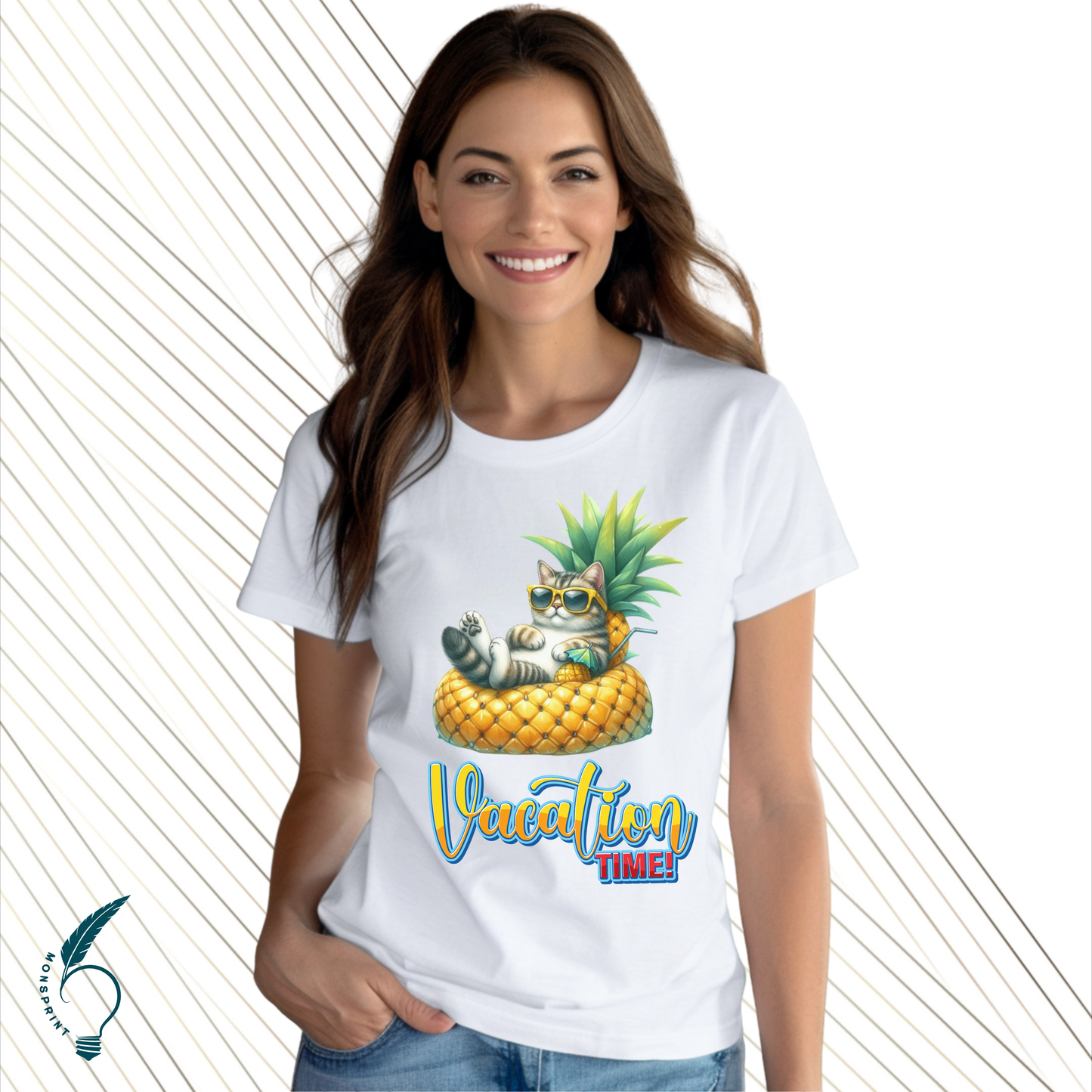 Playera blanca de mujer con diseño de gato veraniego en piña | Estilo divertido Vacation Time - Monsprint