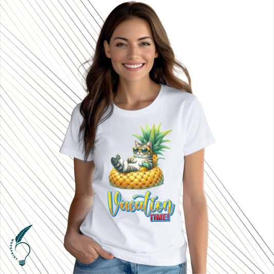 Playera blanca de mujer con diseño de gato veraniego en piña | Estilo divertido Vacation Time - Monsprint