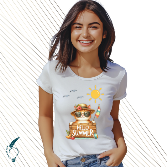 Playera blanca de verano con gato tropical – Diseño “Hello Summer” | Moda femenina personalizada