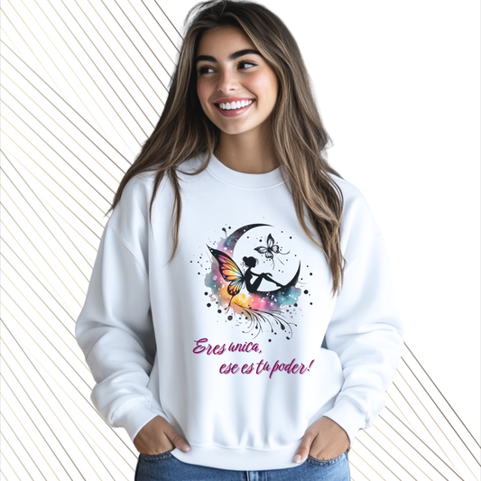 Sudadera blanca Personalizada. Eres Única, ese es tu Poder. Hada Colores