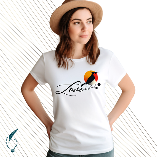 Playera Blanca de Mujer con Diseño Love y Ave al Atardecer – Estilo Romántico, Impresión Sublimada Premium