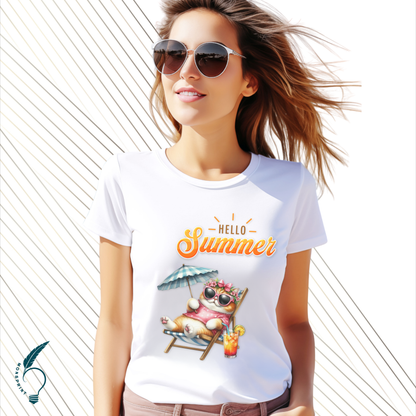 Playera de verano mujer “Hello Summer” | Diseño de gato en reposera | Impresión ecológica personalizada Monsprint