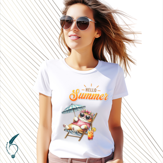 Playera de verano mujer “Hello Summer” | Diseño de gato en reposera | Impresión ecológica personalizada Monsprint