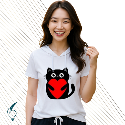 Blusa Blanca con Gato y Corazón para Mujer – Estampado Personalizable | Monsprint