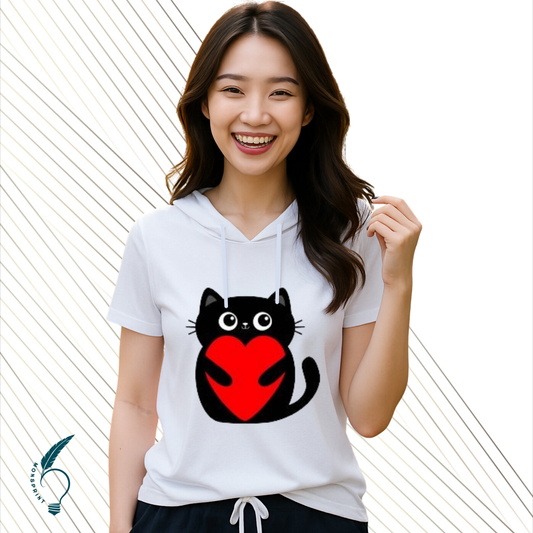 Blusa Blanca con Gato y Corazón para Mujer – Estampado Personalizable | Monsprint